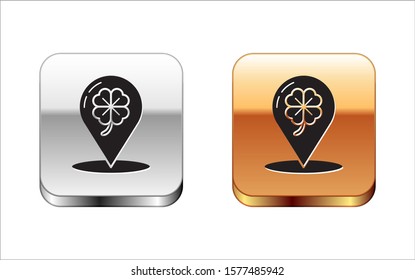 Black Four leaf clover icon isolated on white background. Happy Saint Patrick day. Silver-gold square button. Vector Illustration