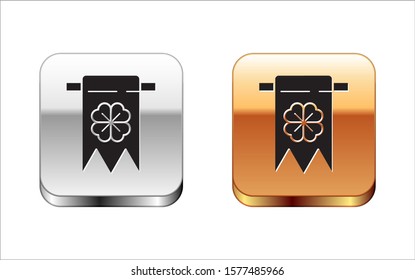 Black Four leaf clover icon isolated on white background. Party pennant for birthday celebration, festival. Happy Saint Patrick day. Silver-gold square button. Vector Illustration