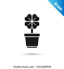 Black Four leaf clover in pot icon isolated on white background. Happy Saint Patrick day.  Vector Illustration