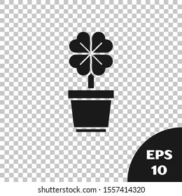 Black Four leaf clover in pot icon isolated on transparent background. Happy Saint Patrick day.  Vector Illustration
