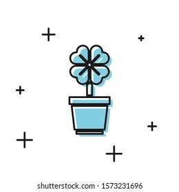 Black Four leaf clover in pot icon isolated on white background. Happy Saint Patrick day.  Vector Illustration