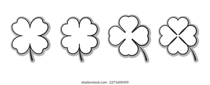 Black four leaf clover simple flat icon collection with halftone shadow isolated on white background. Shamrock vector sign for app and website. Nature, luck, happy, or saint patrick concept