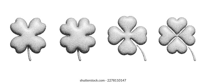 Black four leaf clover simple stipple vector illustration isolated on white background. Shamrock retro, vintage sign for cover and poster. Nature, luck, happy or saint patrick concept