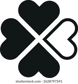 Black four-leaf clover composed of heart shapes, with one heart outlined and not filled.