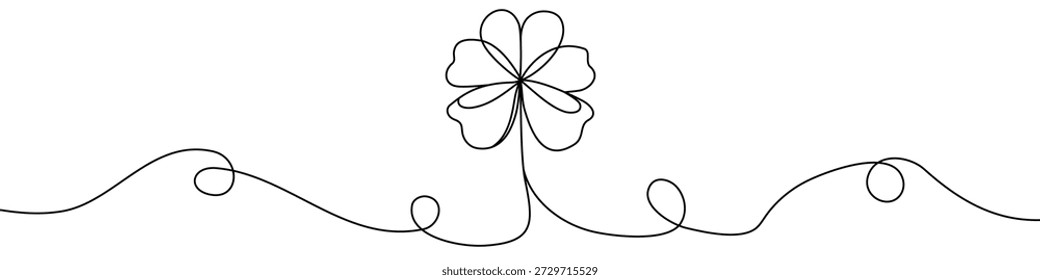 Black four-leaf clover in single line art style. Editable minimalist clover drawing on white background. Vector illustration.