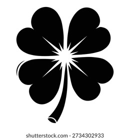 Black fourleaf clover with white starburst symbolizing good luck and fortune in a simple design