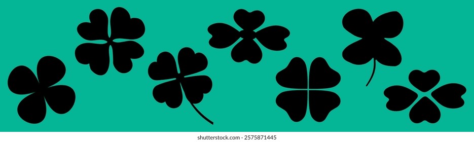 Black four-leaf clovers on a green background. Clovers symbolize luck. The clovers' silhouette creates a striking contrast. Lucky clovers abound. Nature illustrations, vector set.