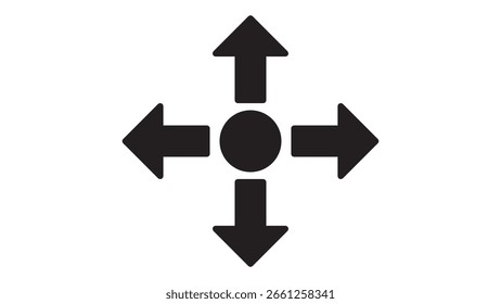 Black four-way arrow icon with central circle, symbolizing direction, navigation, or movement on white background. Ideal for UI or signage use