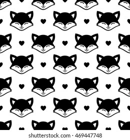 Black Fox Cartoon Seamless Pattern with Heart