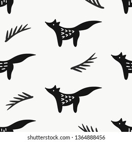 Black fox and fir branches vector seamless pattern in scandinavian style. Hand drawn monochrome illustration