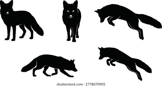 Black fox silhouettes standing, prowling, jumping, and hunting poses, wild animal shapes, vulpes vulpes nature wildlife icons on white background