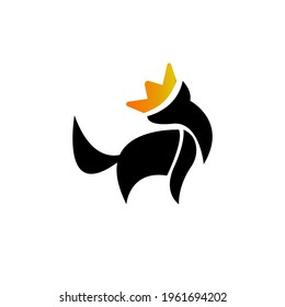 Schwarzer Fuchs, Vektorgrafik mit goldener Krone auf dem Kopf, ideal für Logos und Tiersymbole