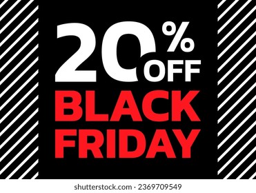 Black Fraday sale banner. 20% price off discount label, tag or sign. Marketing, advertising, promotion design template with 20 percent off. Vector illustration.