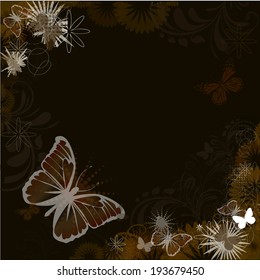black frame with abstract flowers with butterflies. Vector 