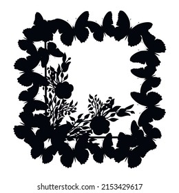Fondo de marco negro con mariposa y flores. Magia, misterio.