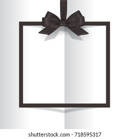 Black frame with black bow on book background. Vector postcard or greeting card template.