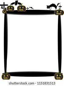 Black frame, black cat, bat and pumpkin grave, Halloween concept for framing, frame and text.