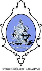 black frame and a Christmas tree, vector happy new year message, see snowflake pattern in black and shaded with ice blue
