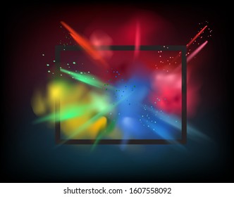 Black frame with color paints. Color powder explosion on dark background