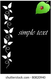 Black frame consisting of floral tendrils, green leaf and ladybug