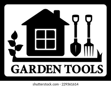 black frame with house silhouette and tools for gardening work