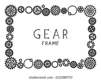 Black frame made of openwork gears and cogwheels of different sizes on a white background with place for text. Vintage border. Steampunk. Vector design template for banner, poster, flyer and postcard
