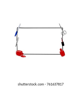 Black frame and manicure tools, red nail polish. Hand drawing. Vector illustration for business.