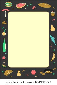 Black frame for a menu with various food, vector background