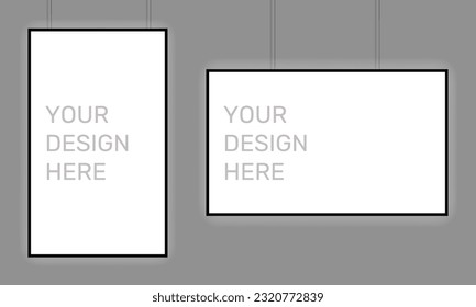 Black frame on gray background. Black boarder for design picture, presentation, mockup, photo, poster. Modern border. Vector illustration isolated on gray background