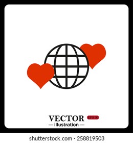 Black frame on a white background.  Icon planet and two red hearts. Symbol of love between the nation. Globe.  vector illustration, EPS 10 