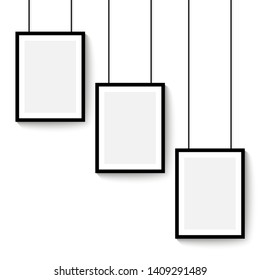 Black frame for paintings or photographs hanging on the wall. Vertical template vector mock up empty space.