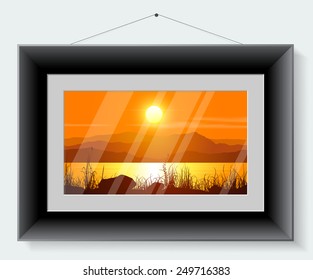 Black frame with the picture of landscape isolated on grey background. Vector illustration.