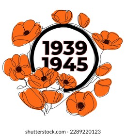Marco negro con amapolas rojas en una línea sobre un fondo blanco. Memoria de la Segunda Guerra Mundial 1939-1945. Ilustración vectorial de material con flores y concepto de memoria.