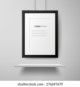 Black frame with shelf on white wall. Realistic vector illustration