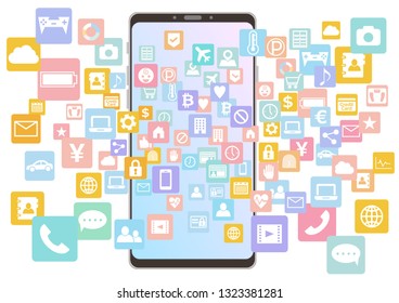 black frame Smartphone and various application icon vector white background - colorful gradation screen