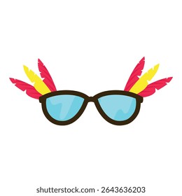 Black frame sunglasses with blue lenses and colorful feathers front view vector illustration on a white background