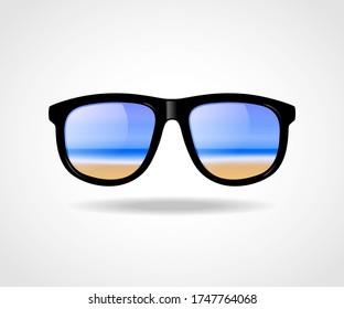 Black framed sun-glass with summer beach reflection. Vector illustration