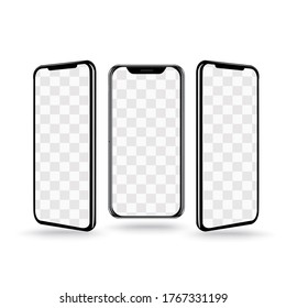 Schwarzes, unscharfes Smartphone mit einem leeren Bildschirm auf grauem Hintergrund, bei drei Winkeln. Vektorgrafik