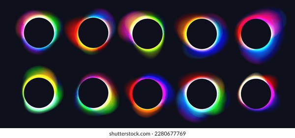 Black frames with blurred colorful gradients, glowing circles  with holographic light blur effect. Trendy vivid futuristic blurry square banner, neon fluid gradient elements. Vector illustration set.