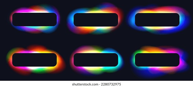 Black frames with blurred colorful gradients, glowing buttons with holographic light blur effect. Trendy vivid futuristic blurry square banner, neon fluid gradient elements. 