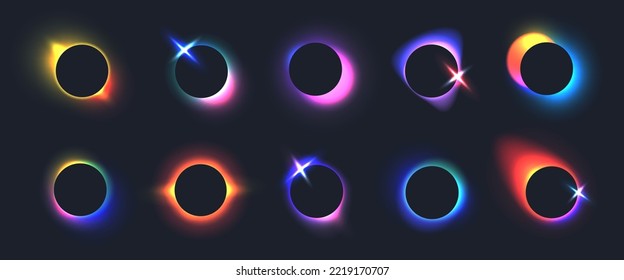 Black frames with blurred neon gradients and sparks, glowing circles with holographic light blur effect. Trendy vivid futuristic blurry circle banner, colorful fluid gradient elements vector set