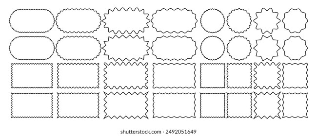 Schwarze Rahmen mit gewellten Kanten isoliert auf Weiß. Einfache Etiketten mit Zick-Zack-Rahmen. In: Wiggly Formens Illustration. Moderne Design-Elemente für Foto und Bild, Frames und Tags.