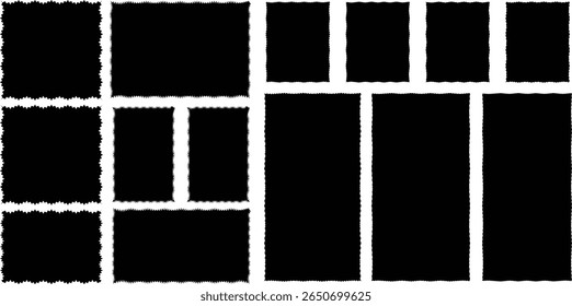 Black frames. Geometric Vector illustration shapes stickers with zigzag wavy edge. Set of frames with zigzag edge, scallop edge shapes set of photo frames zigzag edge shapes	