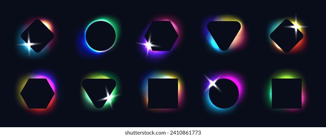 Black frames on background color blurred neon gradients. Geometric shapes with holographic light blur effect. Vector illustration