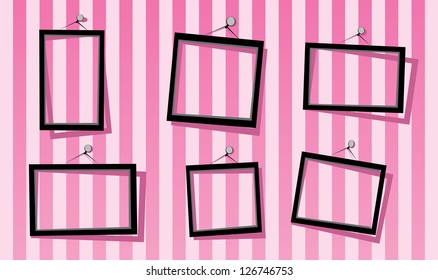 black frames on the pink striped wall. vector illustration. cut paper design frame. girls scrapbook design.