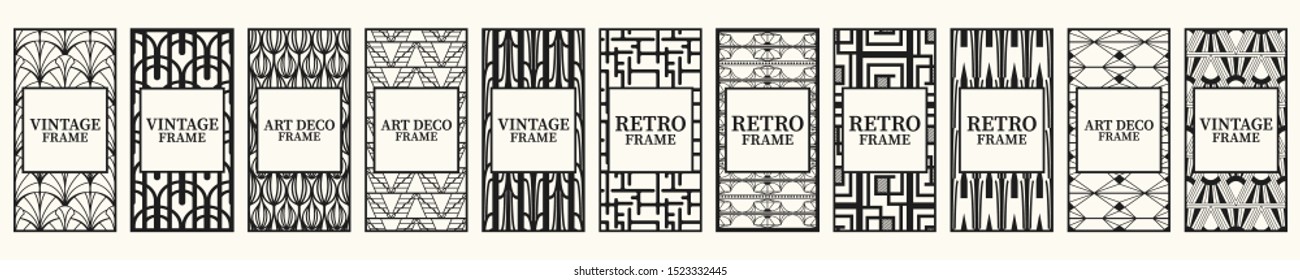 Black frames set on a white background. Retro frame with luxury ornament. Vintage decorative borders in art deco style. Vector illustration