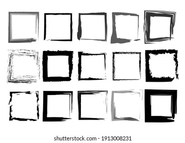 Black Frames Set, Square Shaped Old Grungy Border In Paint Brush Stroke Style, Vector Collection Ornament Isolated On White Background