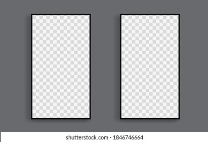 Black frames for social media with editable transparent background. Mock up for stories. Template for network. Vector isolated illustration.