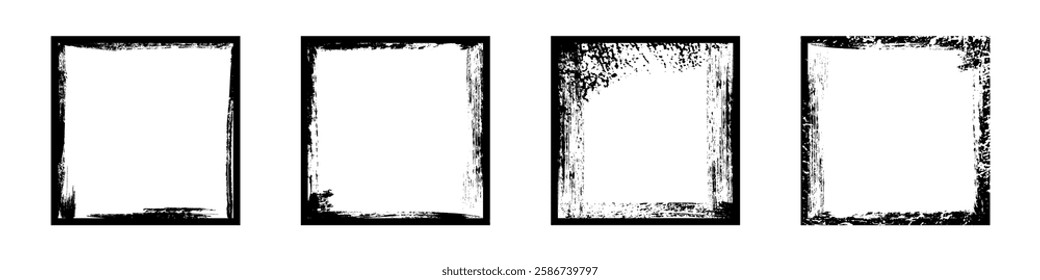 Black frames with worn paper effect on white background. Textured squares with old, grunge, grainy, vintage, worn, dust effect. Simple object mockup. Realistic vector illustrations set.