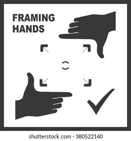 Black framing hands template with bold frame for photo design. Frame made from fingers. Vector perspective view illustration.